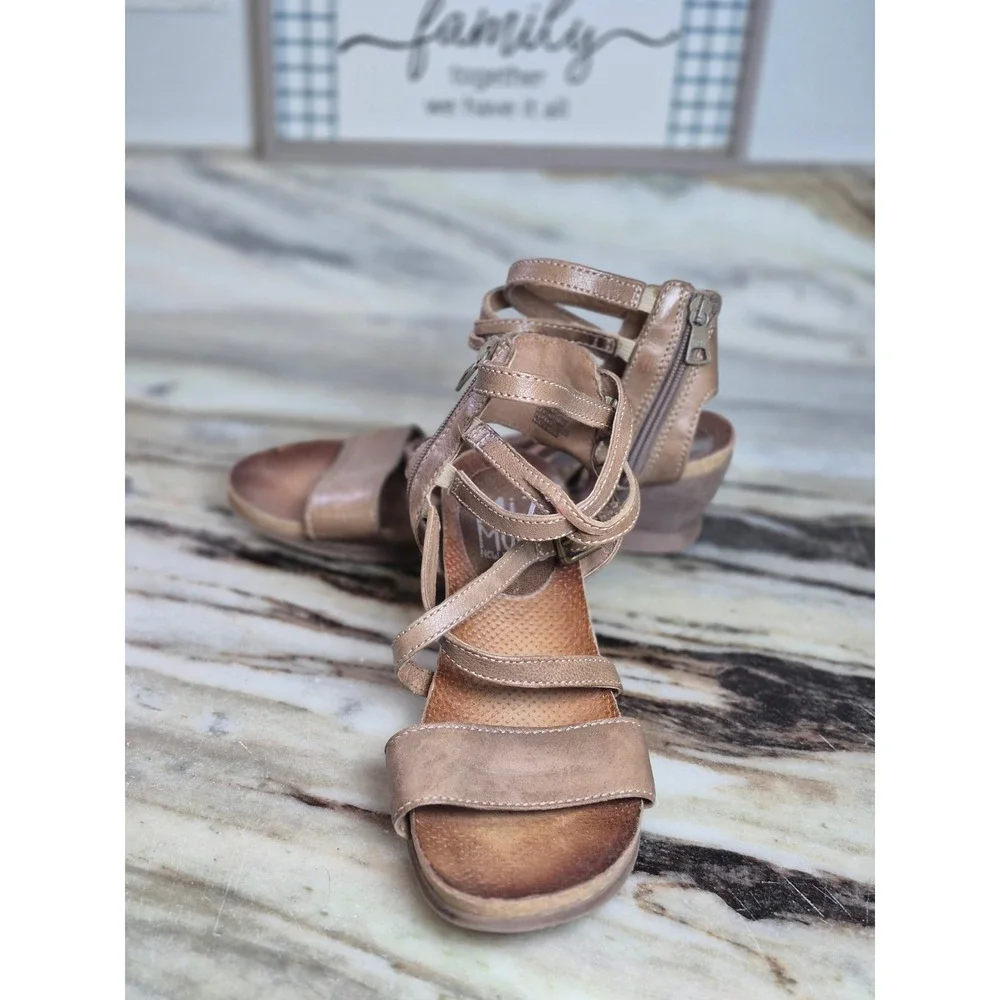 Miz Mooz Womens Leather Strappy Wedge Sandals Tan Brown Low Heel Zipper 39‎ 8.5